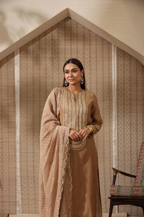 Beige Embroidered Yoke Kurta Set