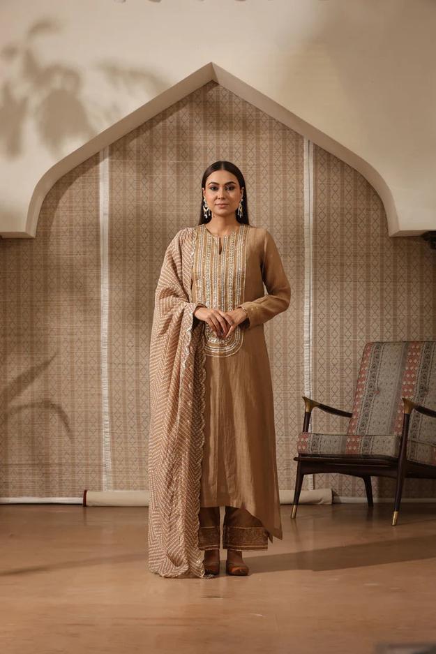 Beige Embroidered Yoke Kurta Set