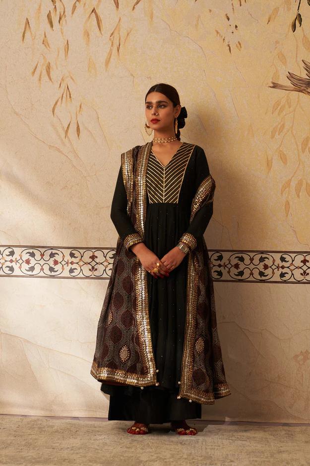 Black Kalidaar Set With Ajrakh Dupatta