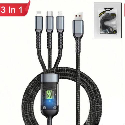 100W 3 in 1 charging cable for Type c, Micro USB, Lightning Fast Charging Cable Data Transfer Ideal for Smart Phone, Tablet, Laptop or Any Compatible Devices- Black