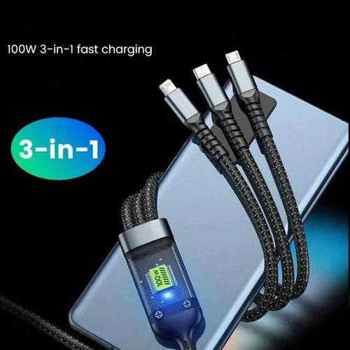 100W 3 in 1 charging cable for Type c, Micro USB, Lightning Fast Charging Cable Data Transfer Ideal for Smart Phone, Tablet, Laptop or Any Compatible Devices- Black