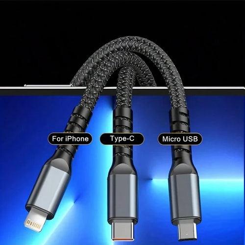 100W 3 in 1 charging cable for Type c, Micro USB, Lightning Fast Charging Cable Data Transfer Ideal for Smart Phone, Tablet, Laptop or Any Compatible Devices- Black