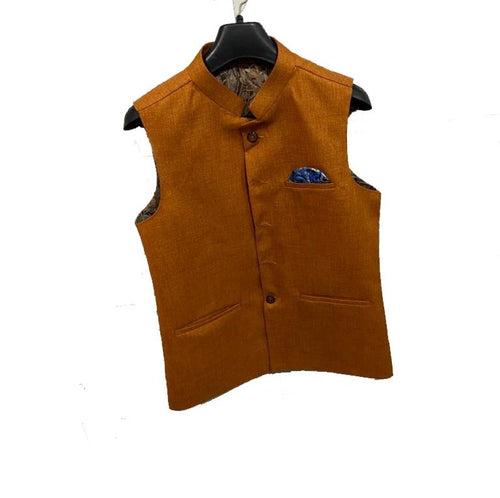 Golden Brown Men's Woven Jute Line Blend Nehru Jacket Ethnic Style And Formal Wear Base Coat