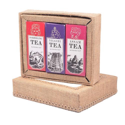 3-in-1 Delightful Teas (Darjeeling, Assam & Nilgiri) in Handcrafted Jute Box ( 50 Gram Each )