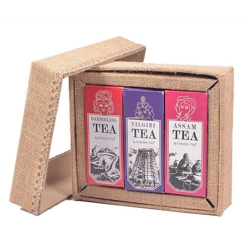 3-in-1 Delightful Teas (Darjeeling, Assam & Nilgiri) in Handcrafted Jute Box ( 50 Gram Each )