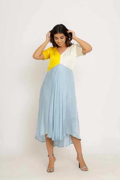 Yellow-Ice Blue Midi Dress