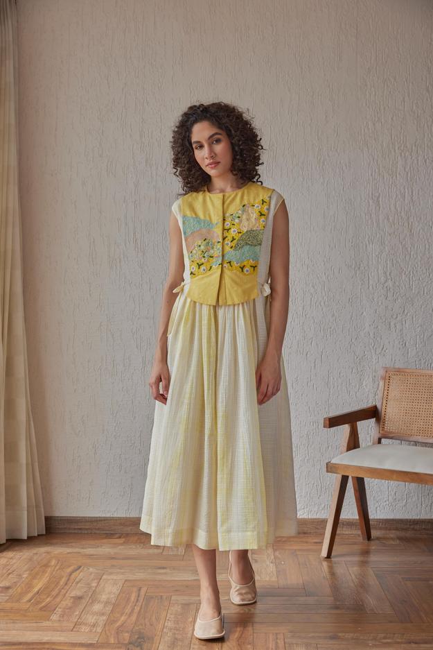 Dune Dress White Check Chanderi With Yellow Shivori