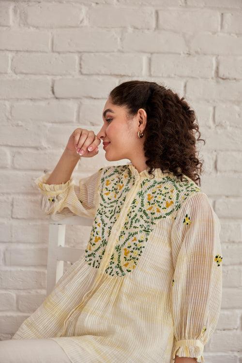 Bay Top White Stripe Chanderi With Yellow Shivori