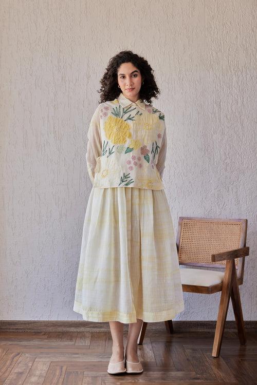 Dylan Dress White Stripe Chanderi With Yellow Shivori