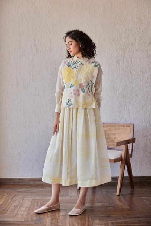 Dylan Dress White Stripe Chanderi With Yellow Shivori