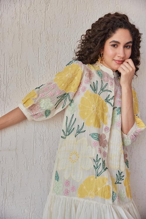 Adrian Dress White Stripe Chanderi With Yellow Embroidery