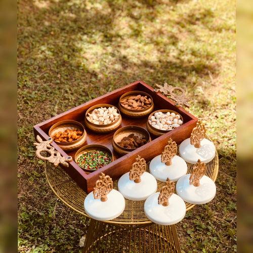 Atithi DryFruit Wooden Tray | 6 Metal Bowl