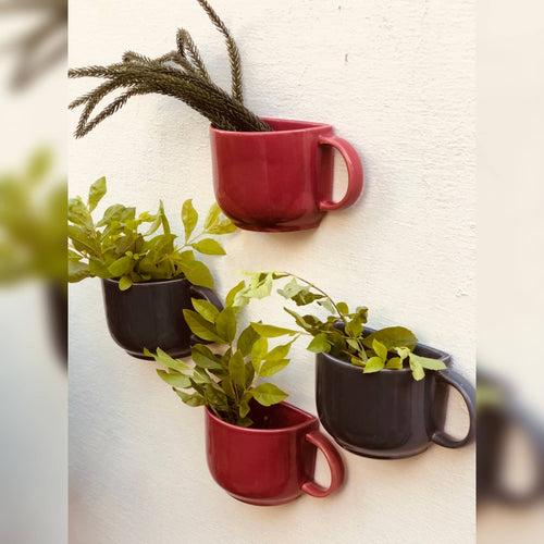 Ceramic Hanging Cup Planter | Wall Hanging planter | Set Of 2 | Colour- Grey and Cherry