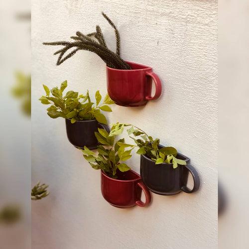 Ceramic Hanging Cup Planter | Wall Hanging planter | Set Of 2 | Colour- Grey and Cherry