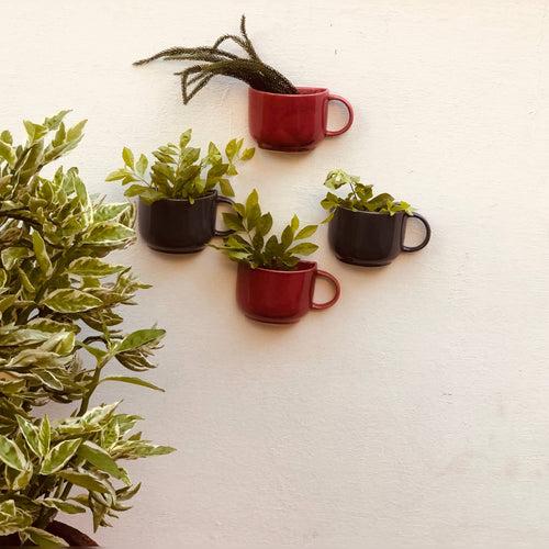 Ceramic Hanging Cup Planter | Wall Hanging planter | Set Of 2 | Colour- Grey and Cherry