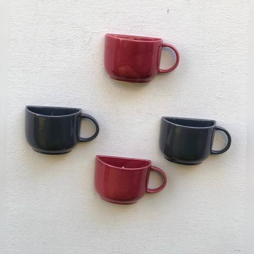 Ceramic Hanging Cup Planter | Wall Hanging planter | Set Of 2 | Colour- Grey and Cherry