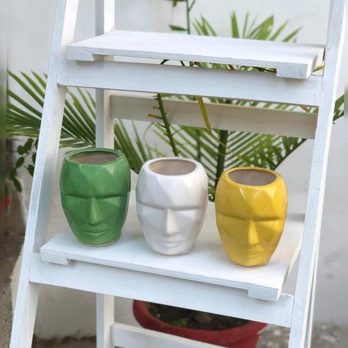 3D Face Planter | Table Planter | Ceramic pots Online | Set Of 2 | Available Colour- Green, Yellow and White  | Size:- 14CM X 11CM