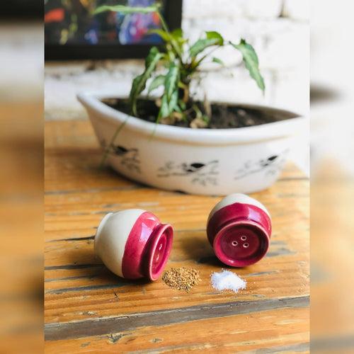 Ceramic Salt and Pepper Shakers Set | Salt and Pepper Set for Dining Table | Set of 2 - 1 Salt and 1 pepper Dispenser | Colour:- Pink With White