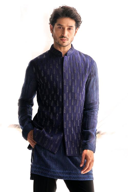 Blue ruched cutdana work nehru kurta set