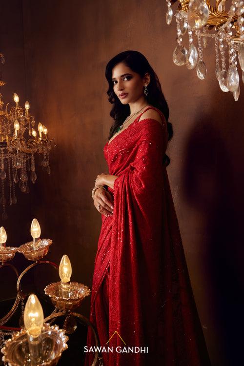 Scarlet chikankari saree