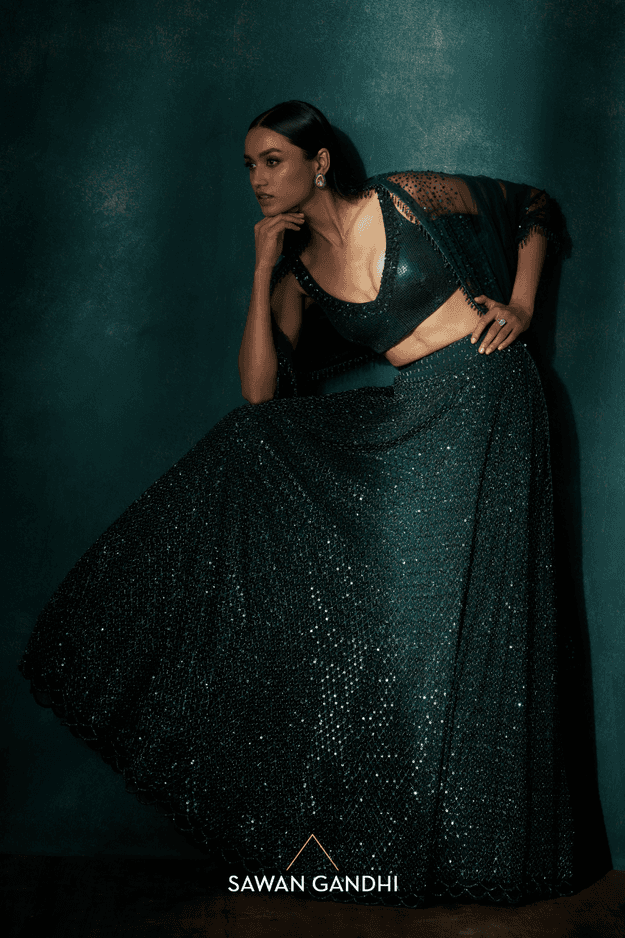 Bottle green cutdana sequins lehenga