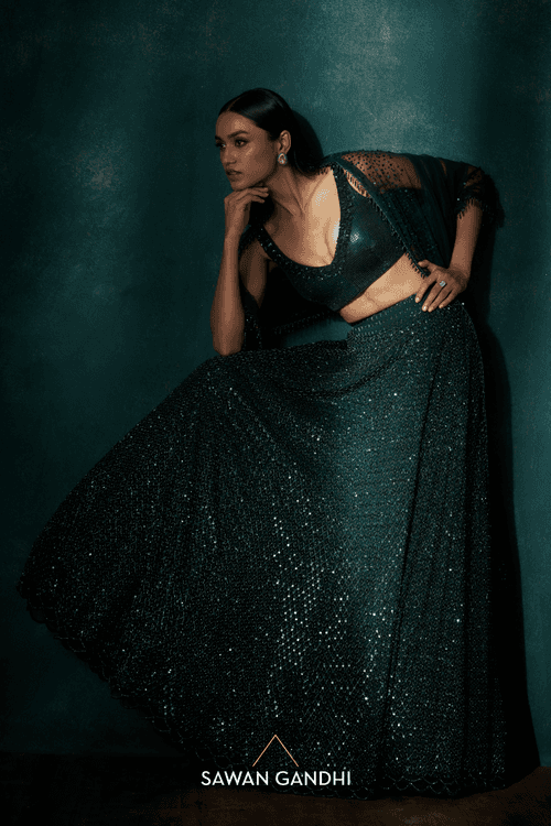 Bottle green cutdana sequins lehenga