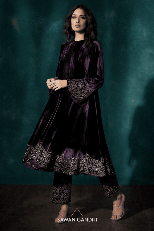 Wine velvet short anarkali