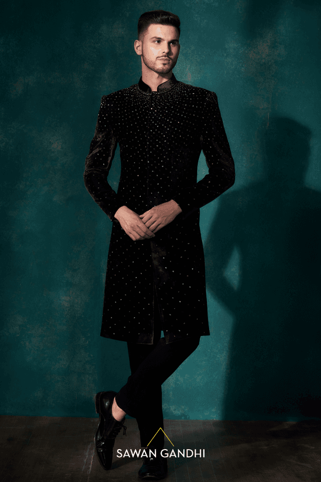 Wine velvet abstract sherwani