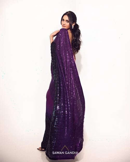 Sushrii Mishraa in Royal purple to black ombré saree