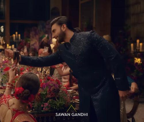 Ranveer singh in blue sequins sherwani with cutdana detailing