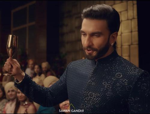 Ranveer singh in blue sequins sherwani with cutdana detailing