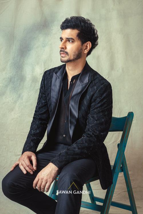 Tahir Raj bhasin in Black cutdana tux