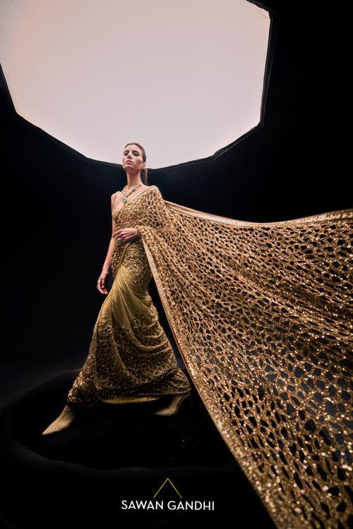 Golden cut work saree