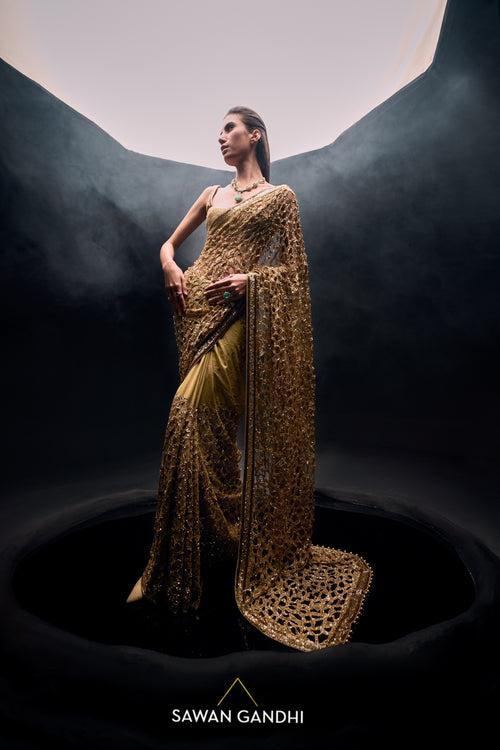 Golden cut work saree