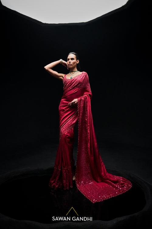 Red dupin silk saree with gicha border