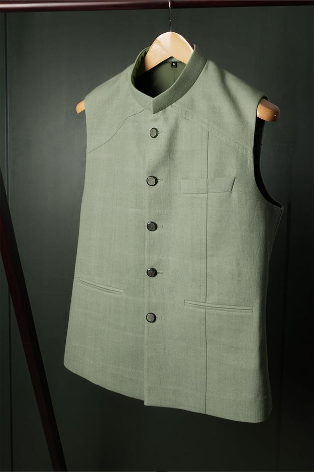 Sage Green Panelled Khadi Nehru Jacket