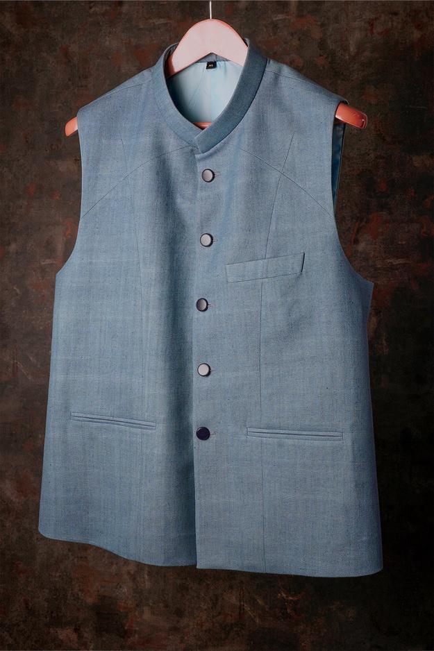 Light blue Khadi Nehru Jacket