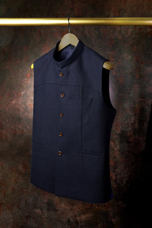 Denim Blue Khadi Nehru Jacket