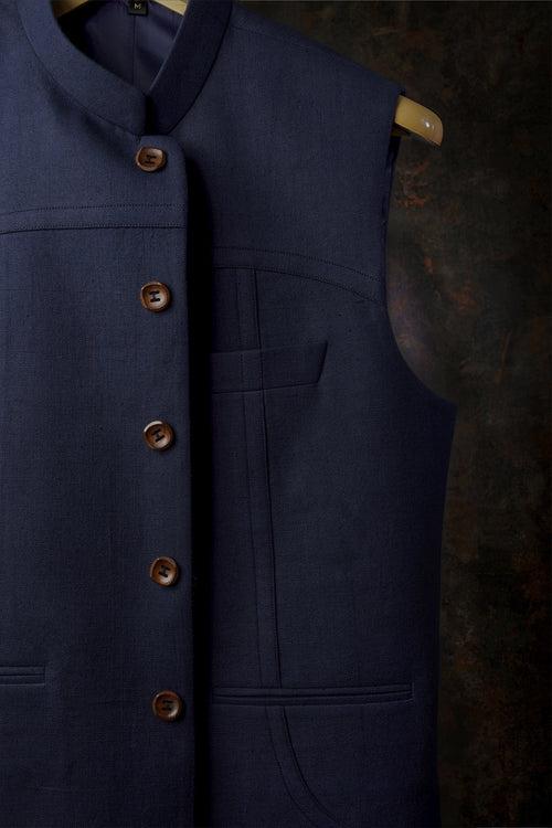 Denim Blue Khadi Nehru Jacket