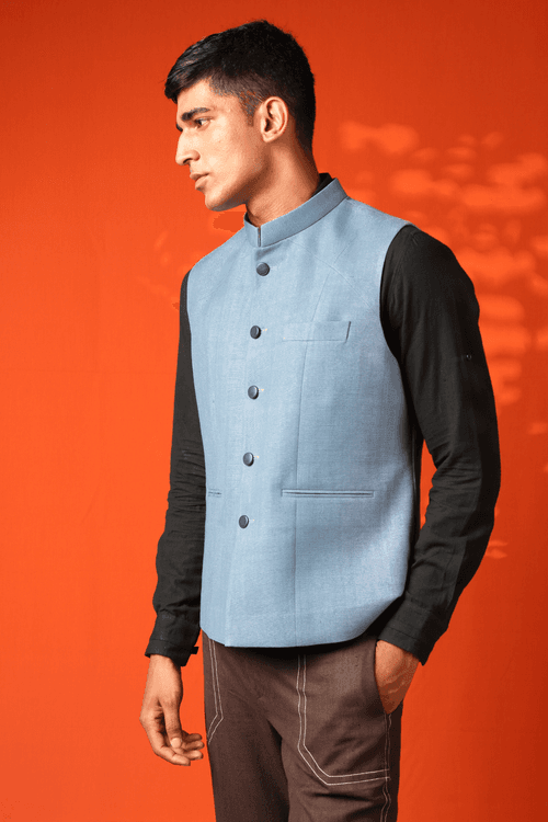 Light blue Khadi Nehru Jacket