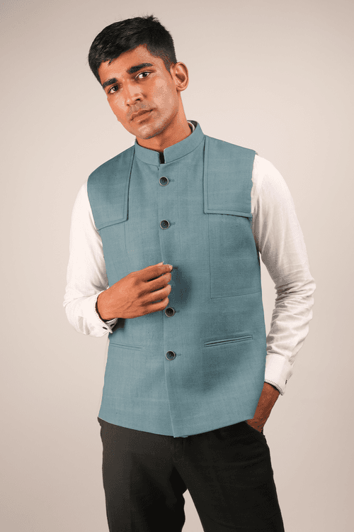 Powder blue panelled Khadi Nehru Jacket