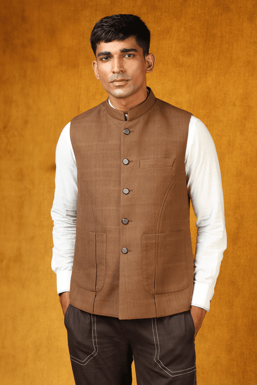 Russet Brown Khadi Nehru Jacket