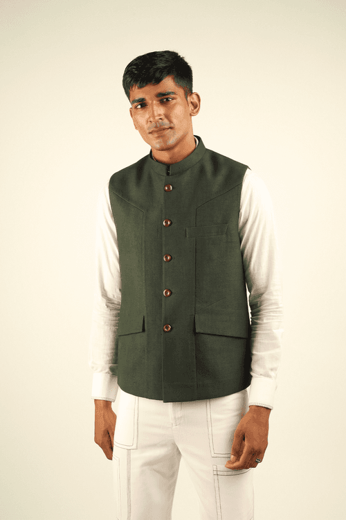 Forest Green military Khadi Nehru Jacket