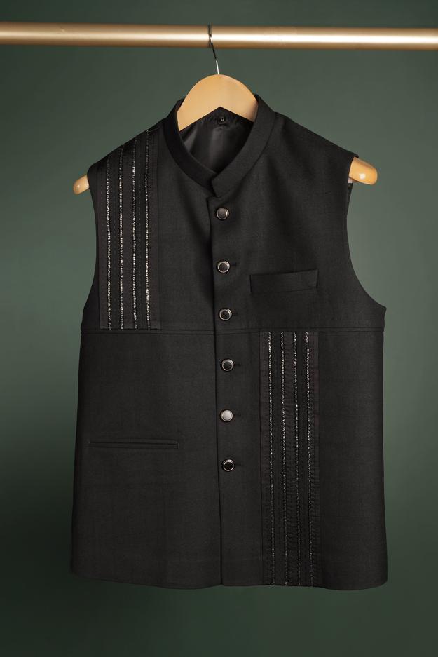 Black Linear Embellished Nehru Jacket