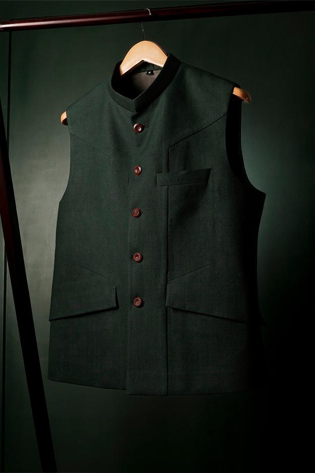 Forest Green military Khadi Nehru Jacket