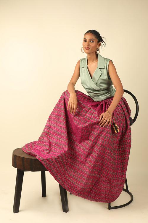 Mint Green Wrap Top with Pink Gathered Ikat Skirt Set