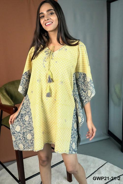 Macaroon yellow with indigo panelled kalamkari short cotton kaftan