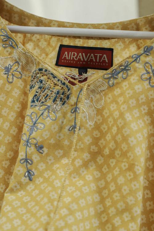 Macaroon yellow with indigo panelled kalamkari short cotton kaftan