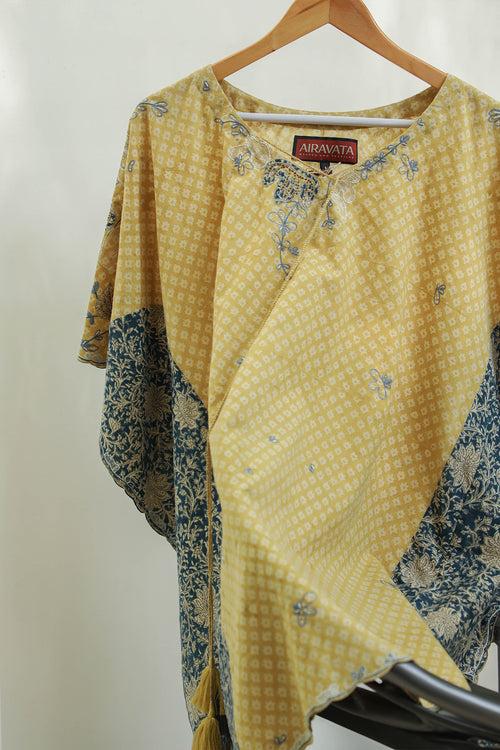 Macaroon yellow with indigo panelled kalamkari short cotton kaftan