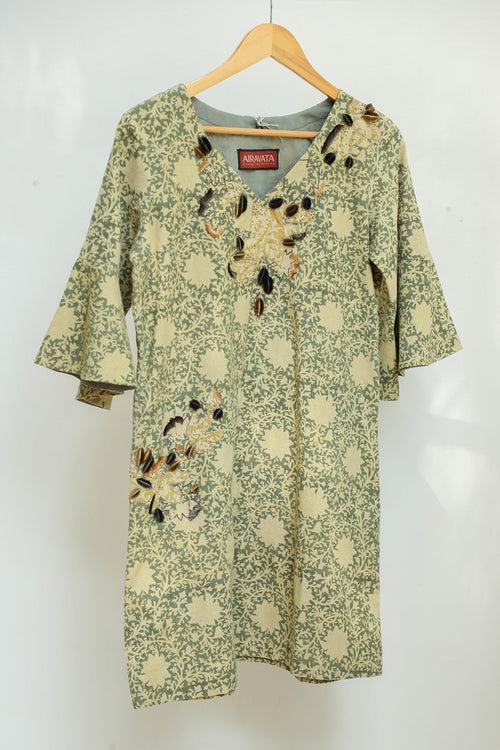 Sage green velvet embellished kalamkari cotton T-shirt dress